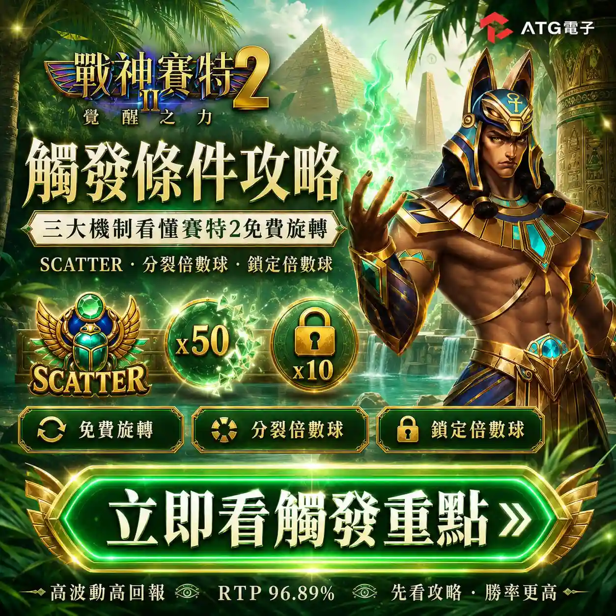 戰神賽特2觸發條件攻略圖，整理SCATTER、分裂倍數球、鎖定倍數球與免費旋轉三大觸發機制
